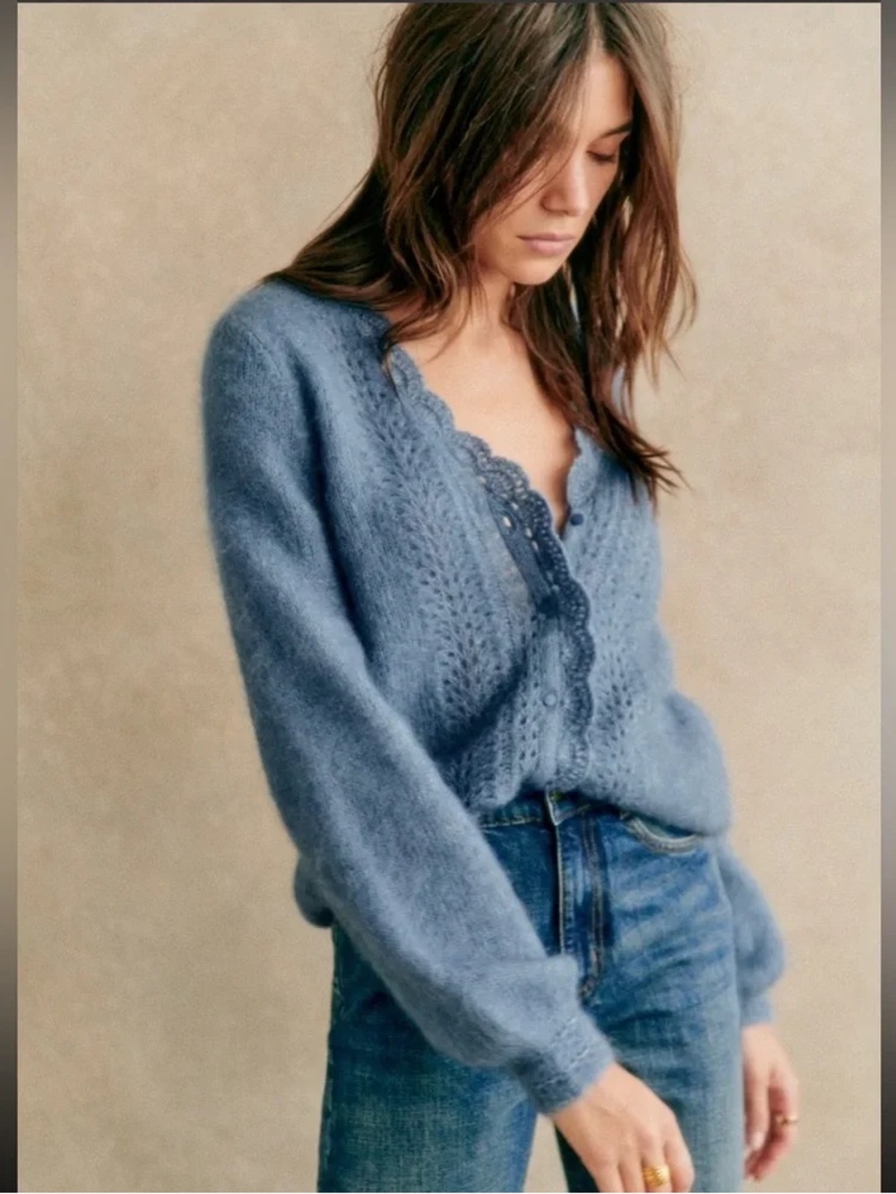 Sezane Dusty Blue Scallop-Edge V-Neck Knit Cardigan - Picture 4 of 5
